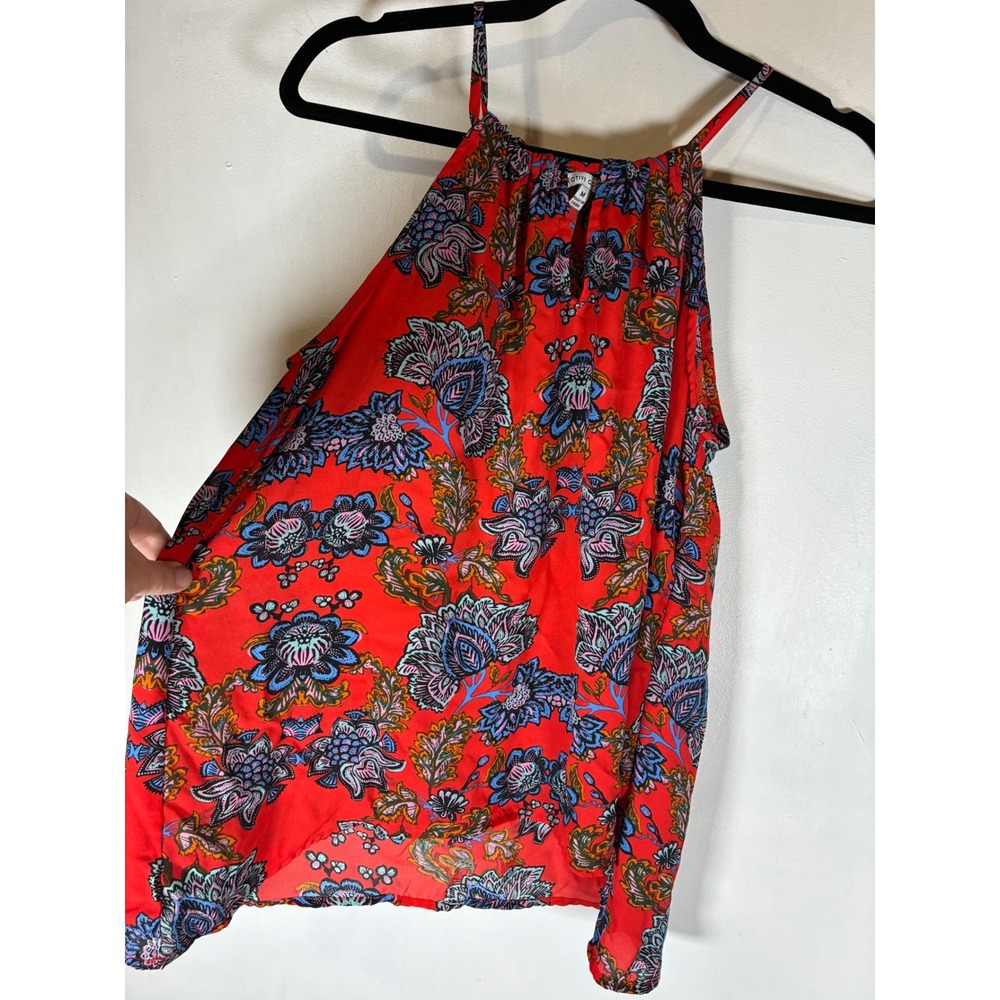 Medium Red Floral Front Keyhole Flowy Halter Tank Top Boho Sleeveless